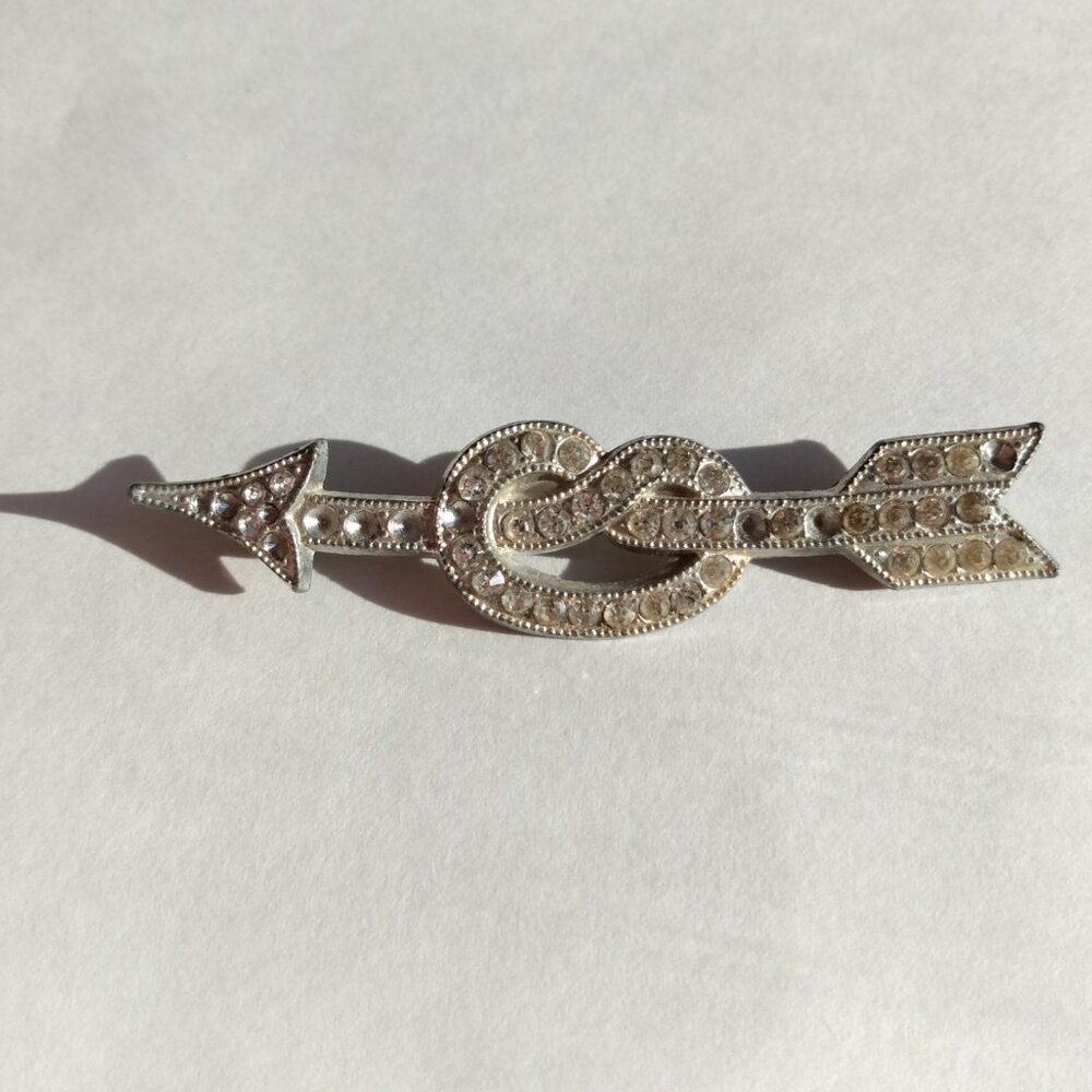 Vintage Silver Tone Knotted Arrow Brooch Pin Valentine's Cupid Love Rhinestones